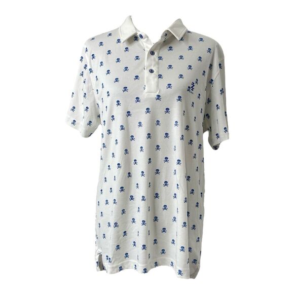 Men’s Large Polo Shirt IZOD Golf White and Blue Skull Print Pima Cotton - Picture 1 of 11